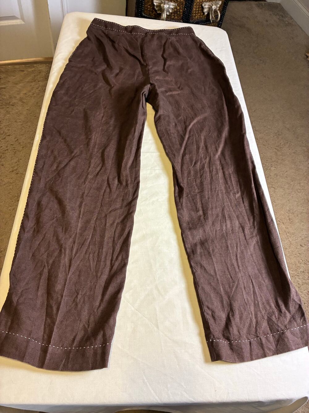 Eagle's Eye 100% Linen Wide Leg Pants Womens Size 10 Brown Contrast Stitch Boho